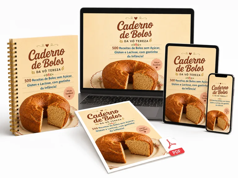 Mockup do Caderno de Bolos da Vó Tereza em livro, celular, notebook e tablet